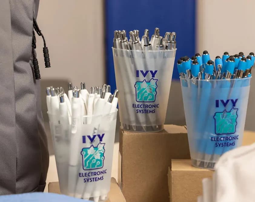 Three branded frosted plastic cups filled with promotional pens on a table display.
