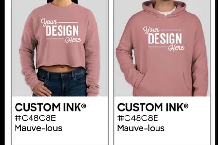 Custom mauve sweatshirts including cropped and hooded styles featuring editable Your Design Here text from Custom Ink.