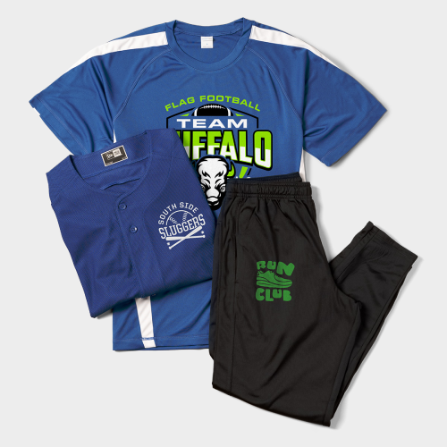 Performance shirt, pants, and jersey display a flag football team design.