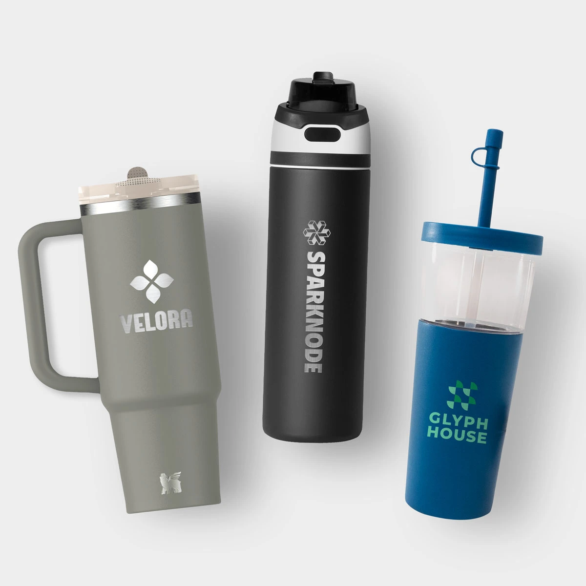 Three different water bottles are arranged together