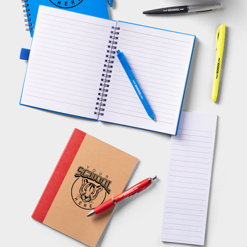 A couple of notebooks are arranged with pens and highlighters