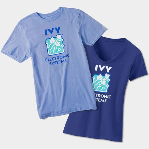 Two t-shirts showing a tech company design are displayed flat.